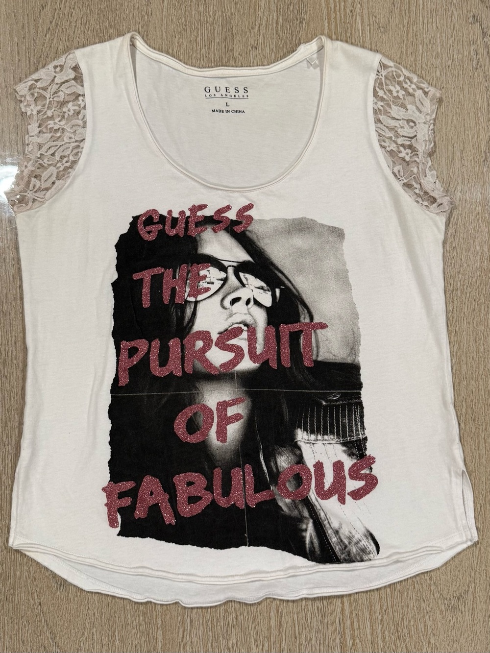 GUESS White Lace Sleeve Tank with Pink Glitter Graphic